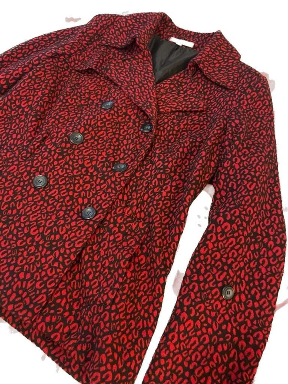 NY Collection Red and Black Leopard Print Double Breasted Pea Coat Jacket Size M